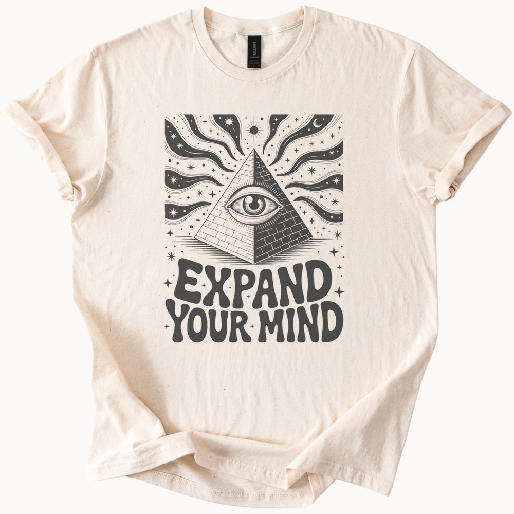 Expand Your Mind Cosmic Eye Pyramid Graphic Tee Mystical Design